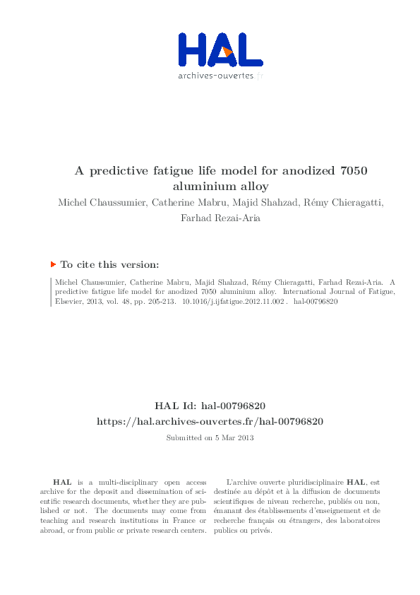 (PDF) A predictive fatigue life model for anodized 7050 aluminium alloy