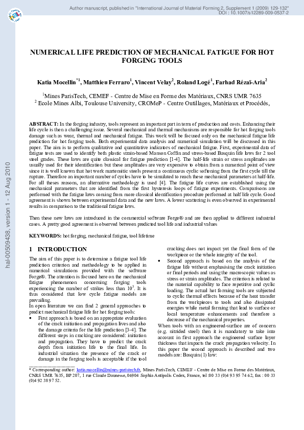 (PDF) Numerical life prediction of mechanical fatigue for hot forging tools