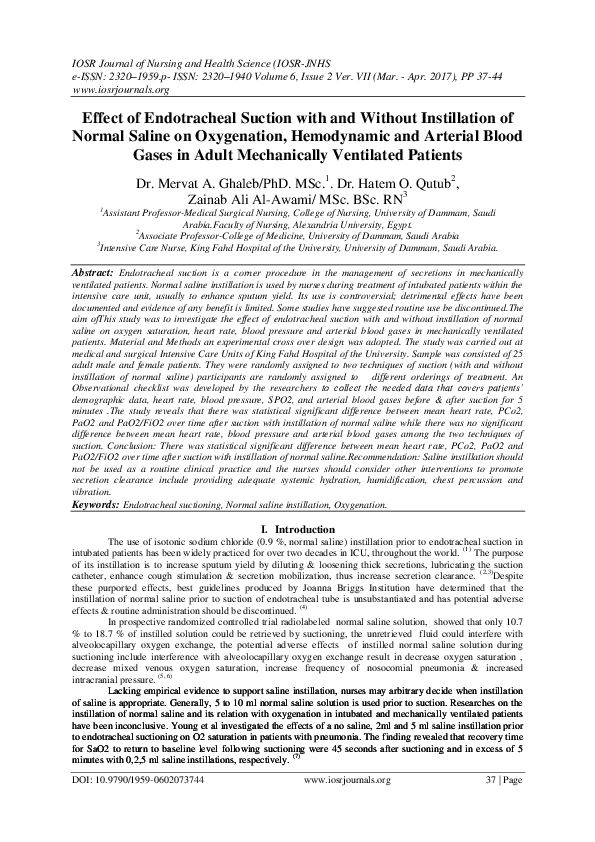 (PDF) Effect of Endotracheal Suction with and Without Instillation of ...