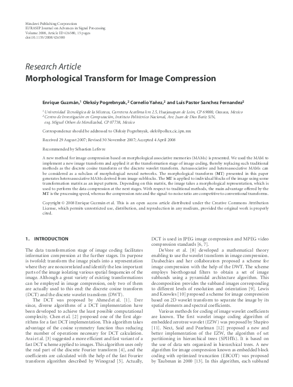 (PDF) Morphological Transform for Image Compression