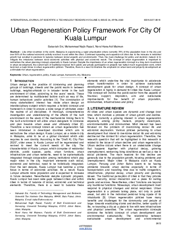 (PDF) Urban Regeneration Policy Framework For City Of Kuala Lumpur