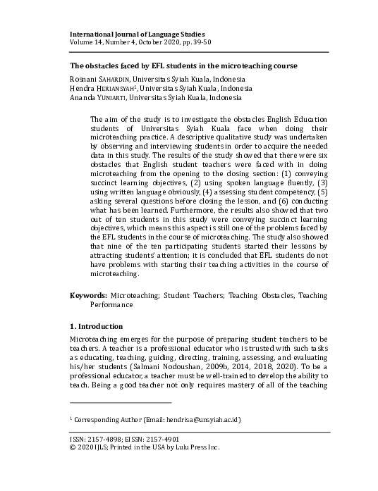 (PDF) The obstacles faced by EFL students in the microteaching course