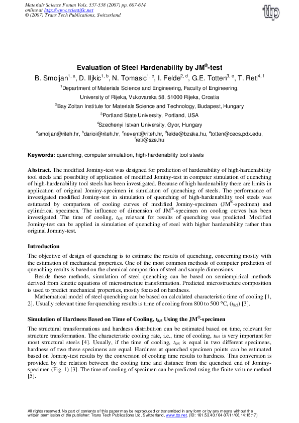 (PDF) Evaluation of Steel Hardenability by JM ® -Test