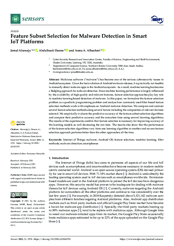(PDF) Feature Subset Selection for Malware Detection in Smart IoT Platforms