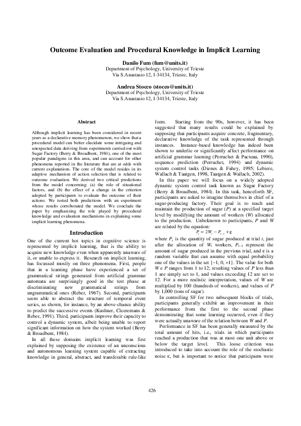(PDF) Outcome Evaluation and Procedural Knowledge in Implicit Learning