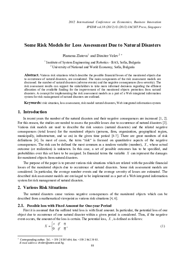 (PDF) Some Risk Modelsfor Loss Assessment Due to Natural Disasters
