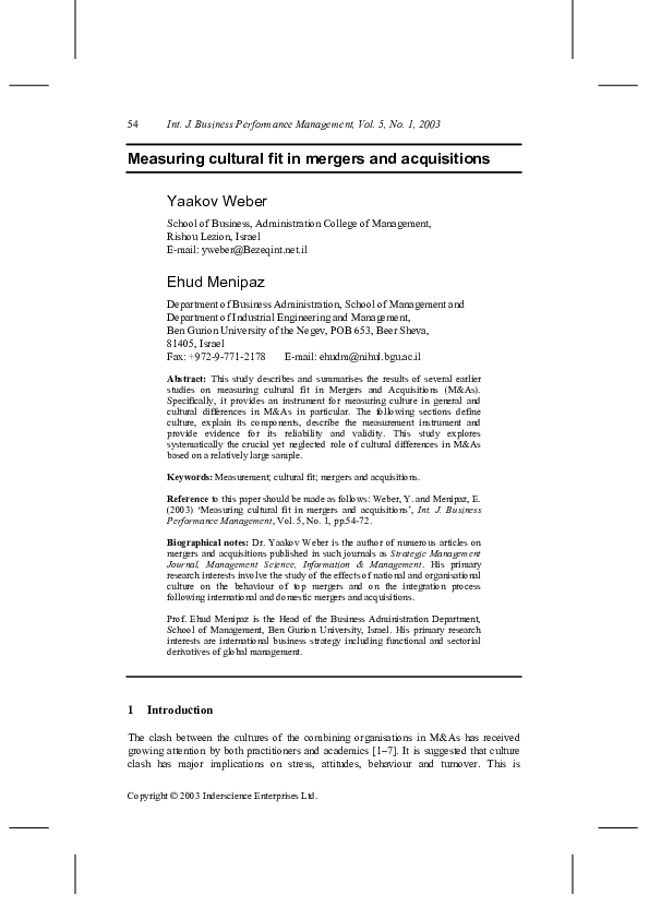 (PDF) Measuring cultural fit in mergers and acquisitions