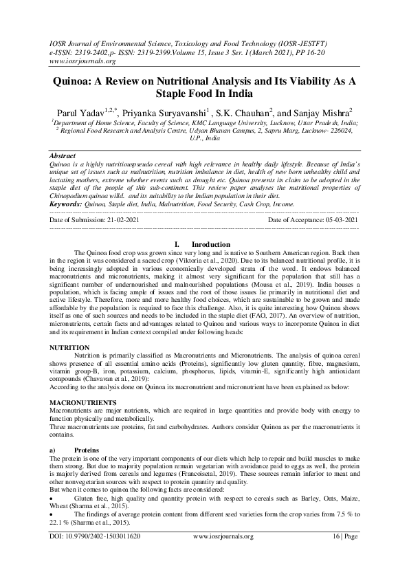 (PDF) Quinoa A Review on Nutritional Analysis and Its Viability As A Staple Food In India