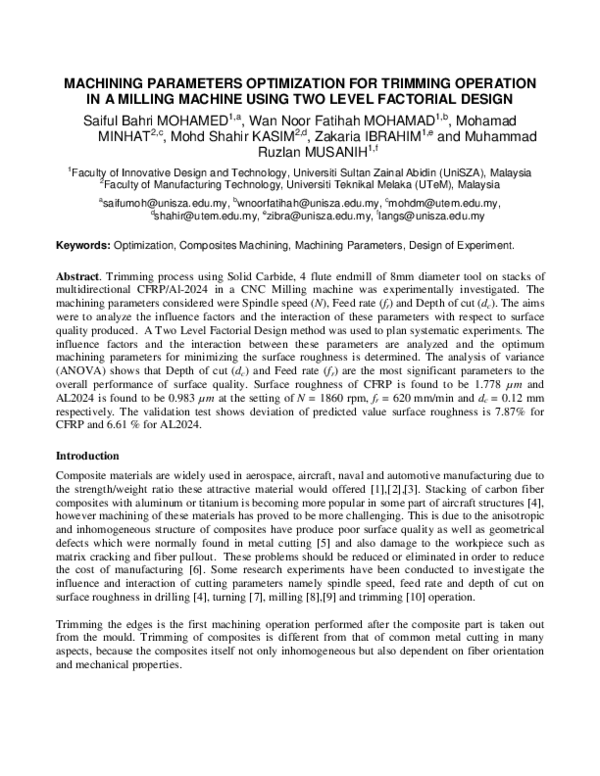 (PDF) Machining Parameters Optimization for Trimming Operation in a ...
