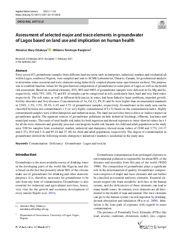 (PDF) Assessment of selected major and trace elements in groundwater of ...