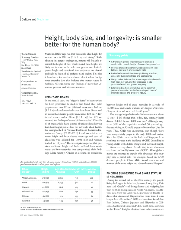 (PDF) Height, body size, and longevity: is smaller better for the human ...