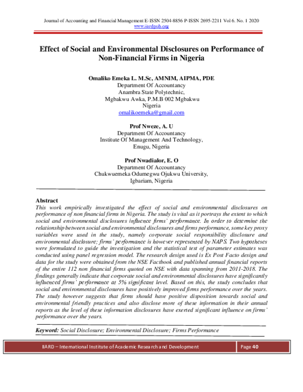 (PDF) Effect of Social and Environmental Disclosures on Performance of ...