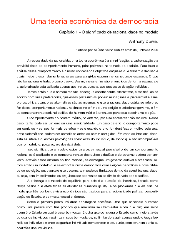 (PDF) RESUMO DOWNS, Anthony. Uma teoria econômica da democracia Capítulo 1 Miúcha V Schutz (PDF) RESUMO DOWNS, Anthony. Uma teoria econômica da democracia Capítulo 1 Miúcha V Schutz