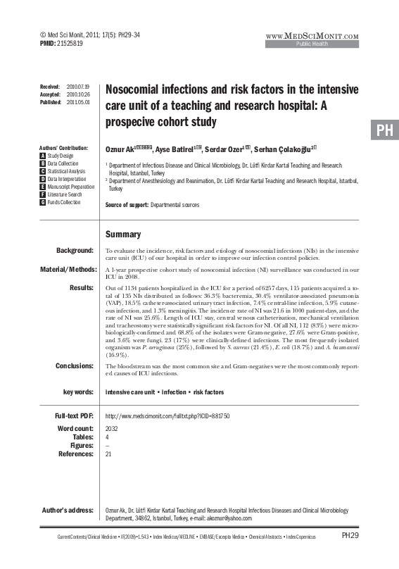 (PDF) Nosocomial infections and risk factors in the intensive care unit ...