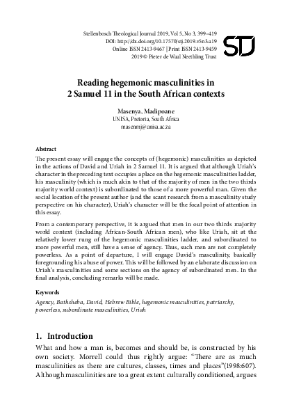 (PDF) Reading hegemonic masculinities in 2 Samuel 11 in the South ...