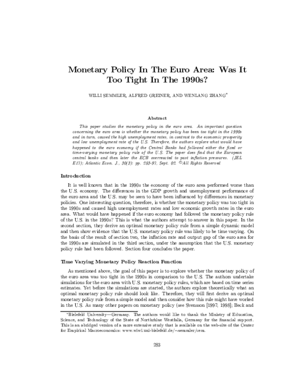 (PDF) Monetary policy in the euro area: Was it too tight in the 1990s?