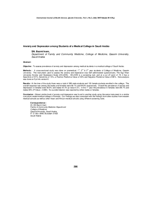 (PDF) Anxiety and Depression among Students of a Medical College in ...