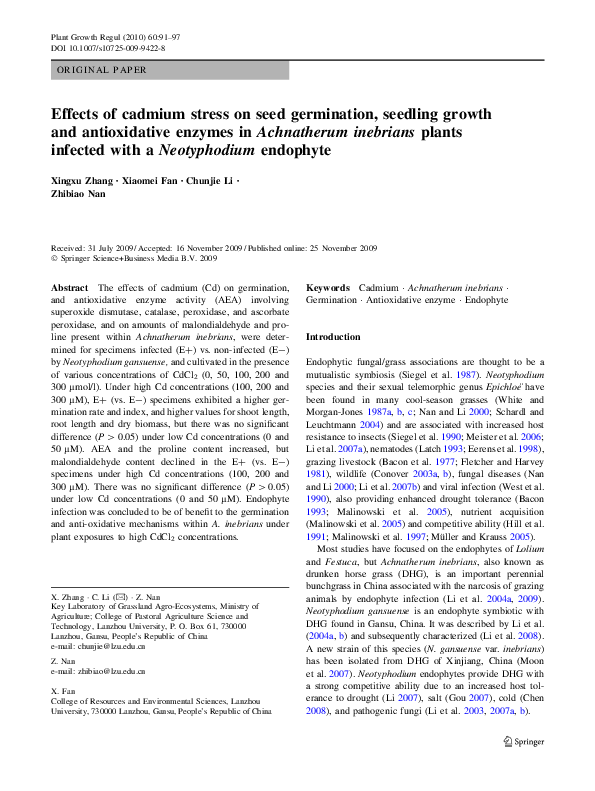 (PDF) Effects of cadmium stress on seed germination, seedling growth ...