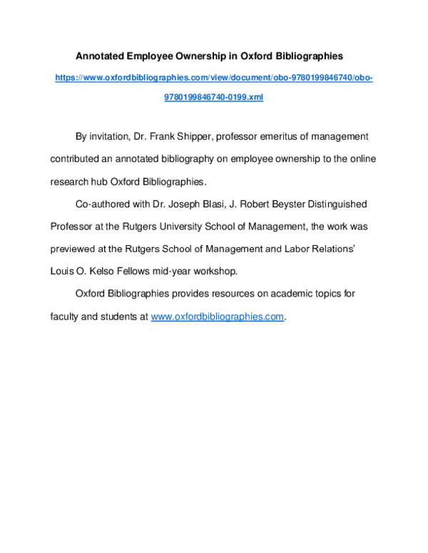 (PDF) Annotated Employee Ownership in Oxford Bibliographies Frank