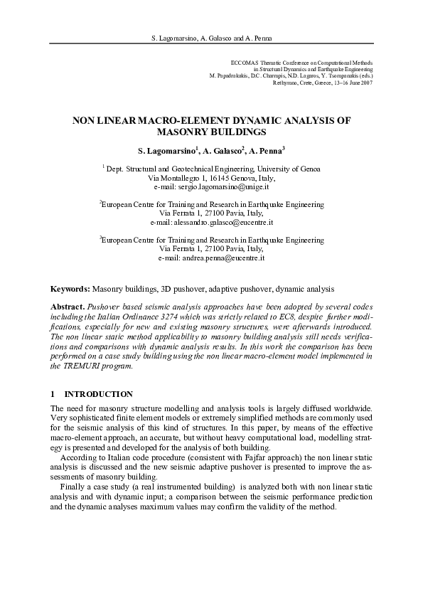 (PDF) Non linear macro-element dynamic analysis of masonry buildings