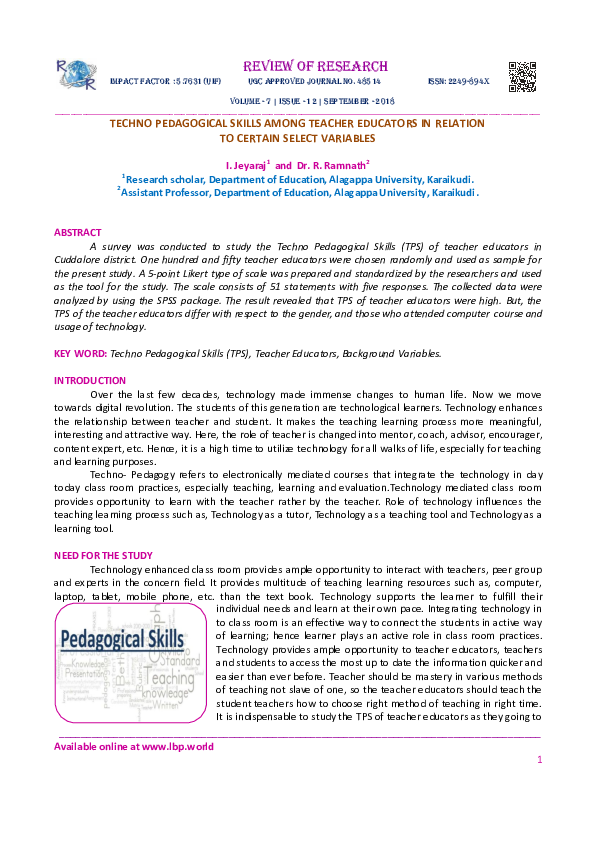 (PDF) TECHNO PEDAGOGICAL SKILLS AMONG TEACHER EDUCATORS IN RELATION TO ...
