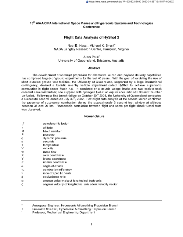 (PDF) Flight Data Analysis of the HYSHOT 2