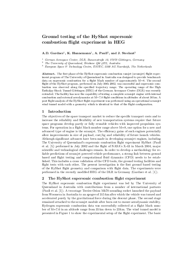 (PDF) Ground testing of the HyShot supersonic combustion flight ...