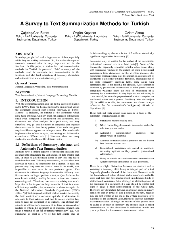(PDF) A Survey to Text Summarization Methods for Turkish