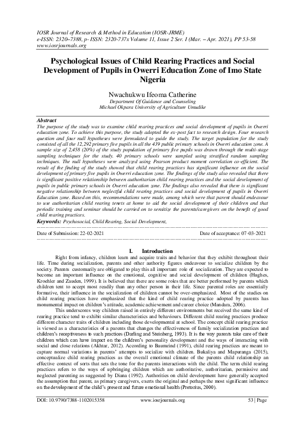 (PDF) Psychological Issues of Child Rearing Practices and Social Development of Pupils in Owerri