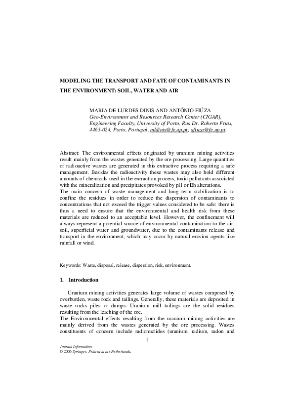 (PDF) Modeling the Transport and Fate of Contaminants in the ...
