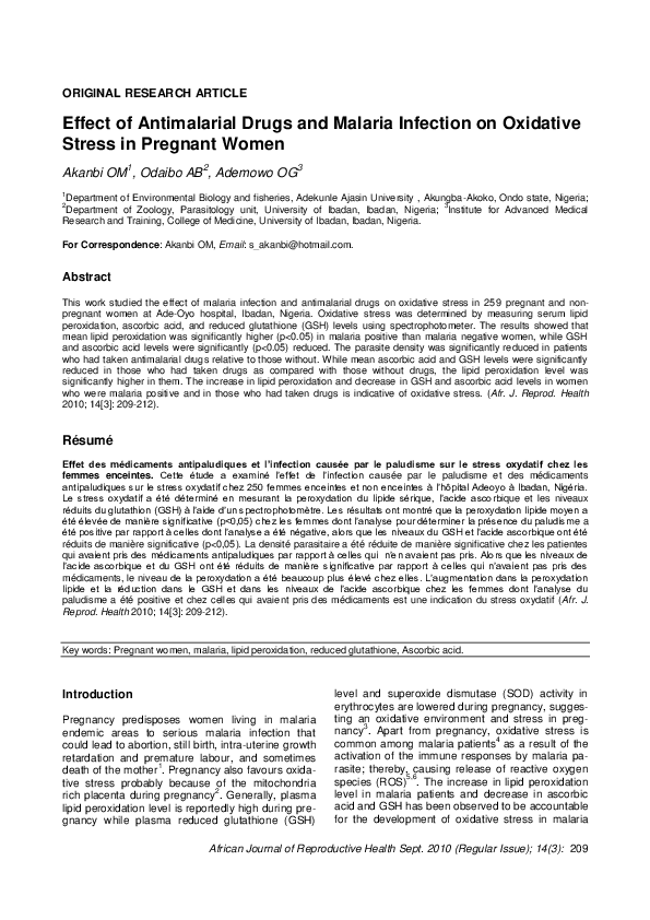 PDF) Effect of antimalarial drugs and malaria infection on oxidative stress  in pregnant women