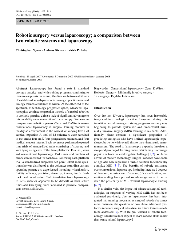 (PDF) Robotic surgery versus laparoscopy; a comparison between two ...