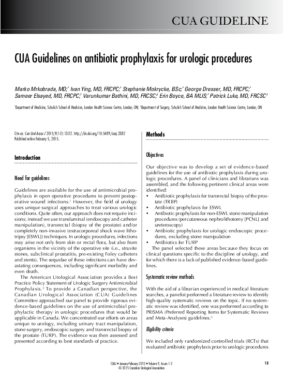 (PDF) CUA Guidelines on antibiotic prophylaxis for urologic procedures