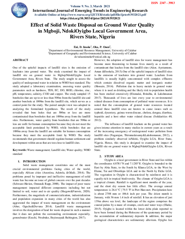 (PDF) Effect of Solid Waste Disposal on Ground Water Quality in Mgboji ...