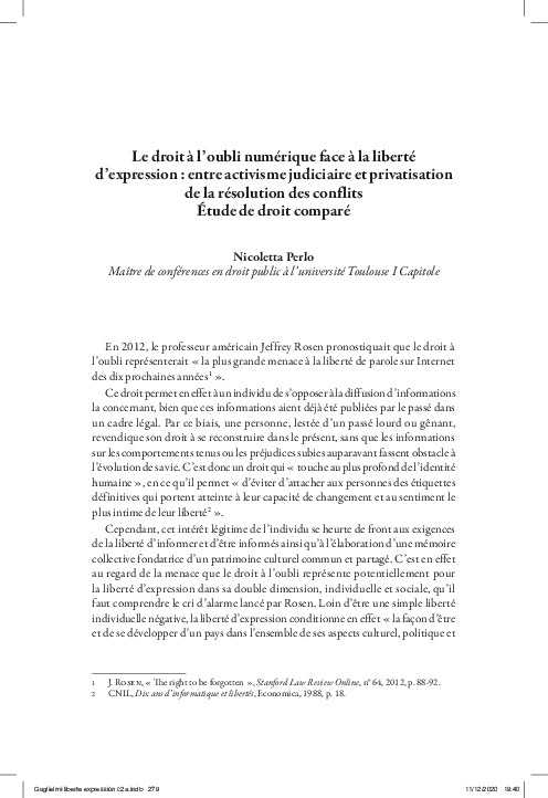 (PDF) Le droit à l'oubli numérique face à la liberté d'expression ...