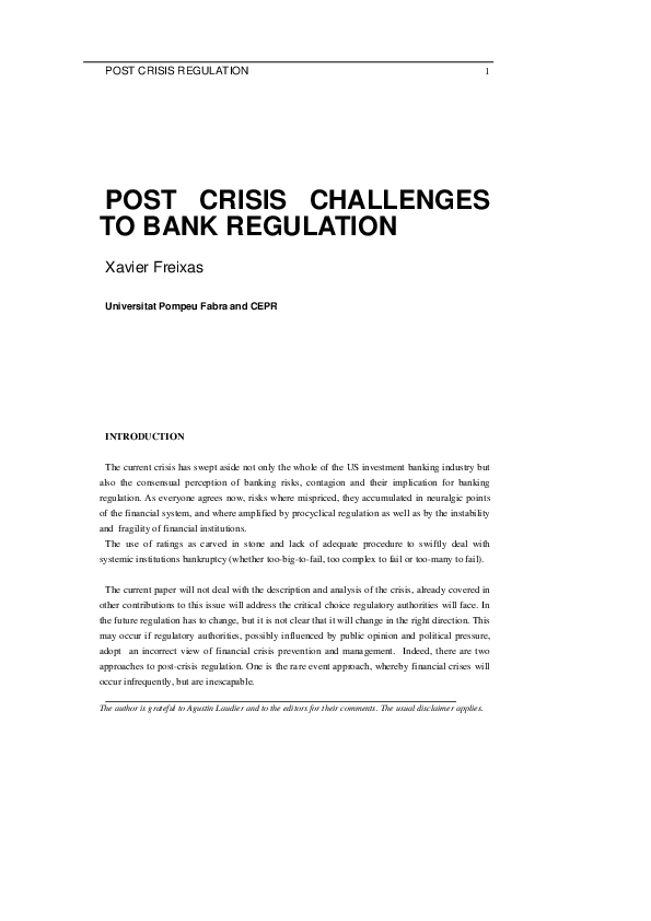 (PDF) Post-crisis challenges to bank regulation