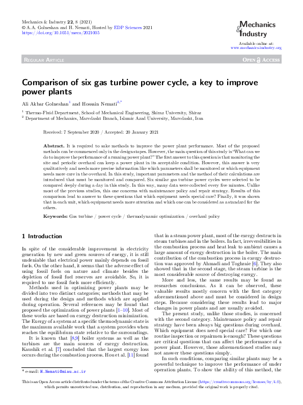(PDF) Comparison of six gas turbine power cycle, a key to improve power plants Hossain Nemati
