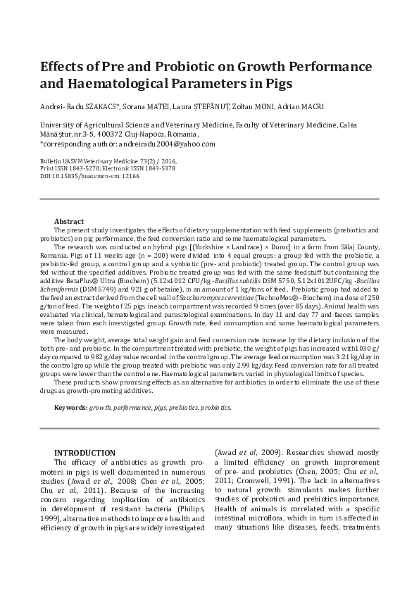 (PDF) Effects of Pre and Probiotic on Growth Performance and ...