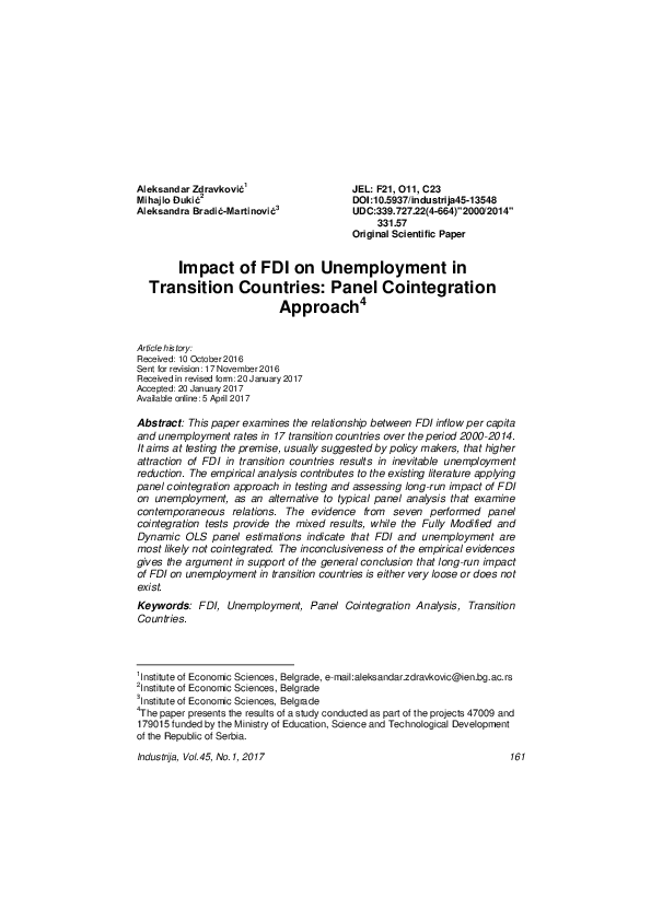 (PDF) Impact of FDI on Unemployment in Transition Countries: Panel ...