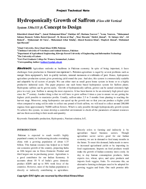 (PDF) Hydroponically Growth of Saffron (Flow ebb Vertical System 530x155 ft) Concept to Design