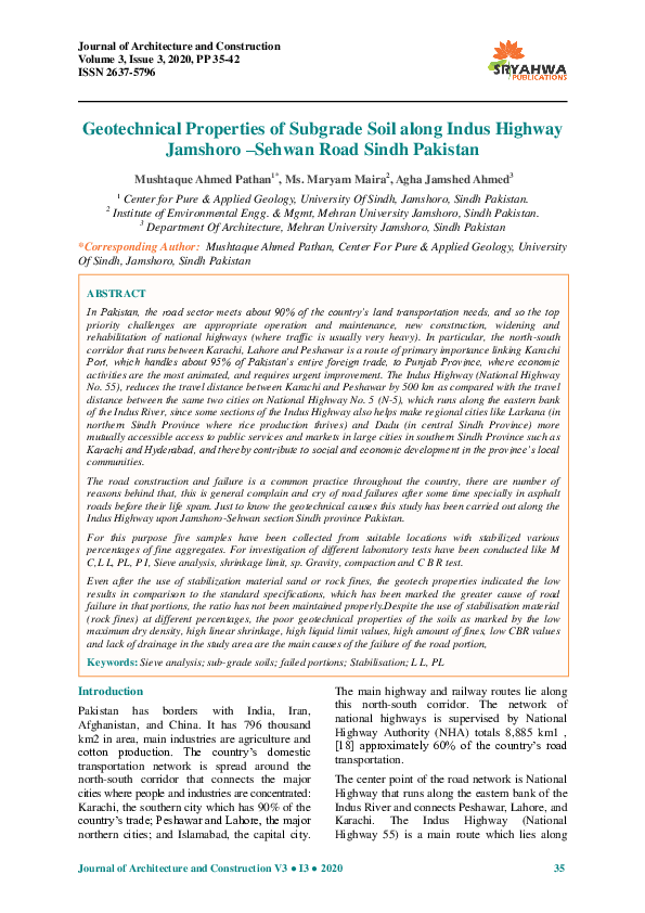 (PDF) Geotechnical Properties of Subgrade Soil along Indus Highway ...