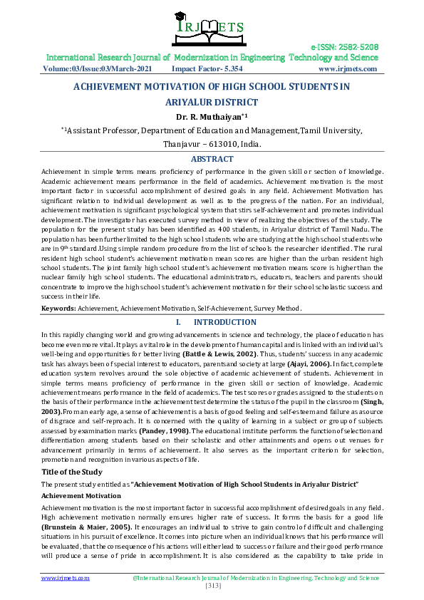 (PDF) ACHIEVEMENT MOTIVATION OF HIGH SCHOOL STUDENTS IN ARIYALUR DISTRICT