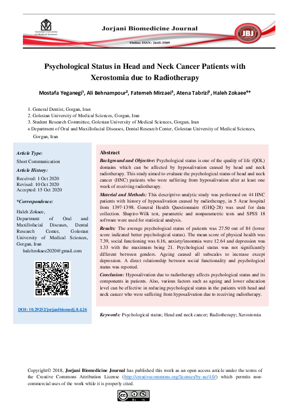 (PDF) Psychological Status in Head and Neck Cancer Patients with ...