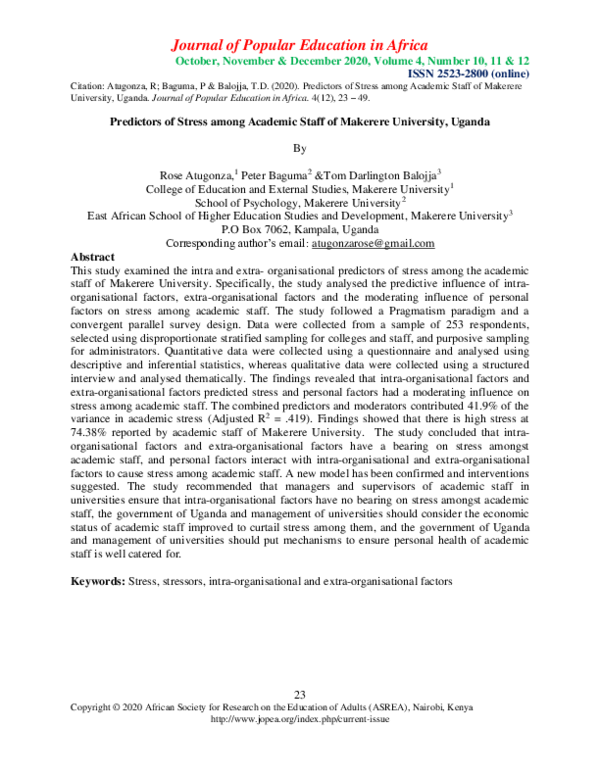(PDF) Predictors of Stress among Academic Staff of Makerere University