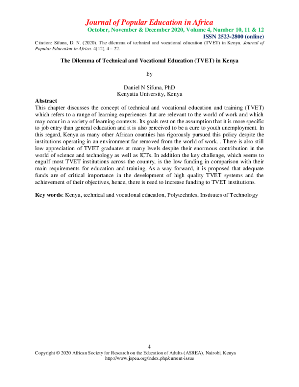 (PDF) The dilemma of technical and vocational education (TVET) in Kenya