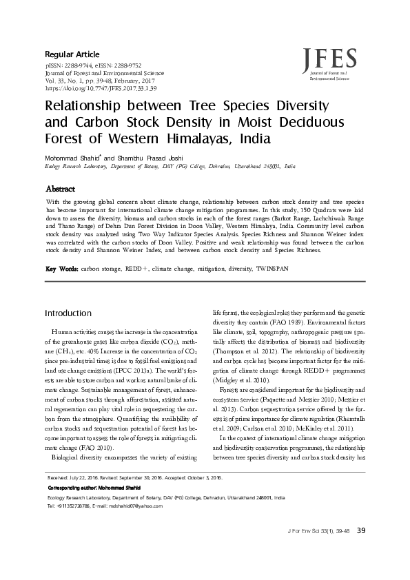 (PDF) Relationship between Tree Species Diversity and Carbon Stock ...