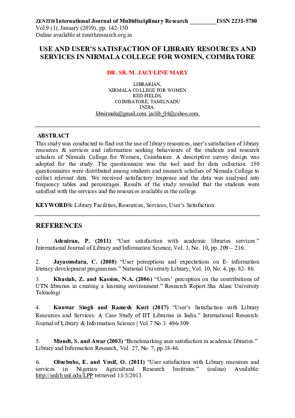 (PDF) USE AND USER’S SATISFACTION OF LIBRARY RESOURCES AND SERVICES IN ...