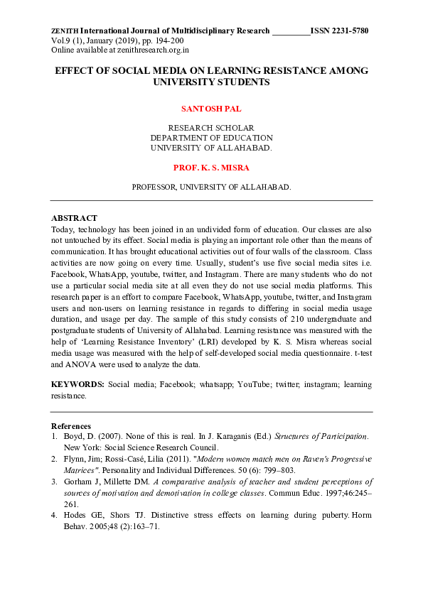 (PDF) EFFECT OF SOCIAL MEDIA ON LEARNING RESISTANCE AMONG UNIVERSITY ...