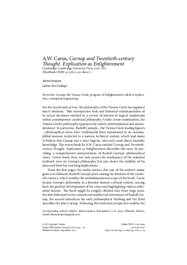 PDF) A.W. Carus: Carnap and Twentieth-century Thought. Explication
