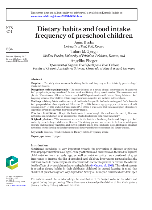 (PDF) Dietary habits and food frequency intake of preschool children